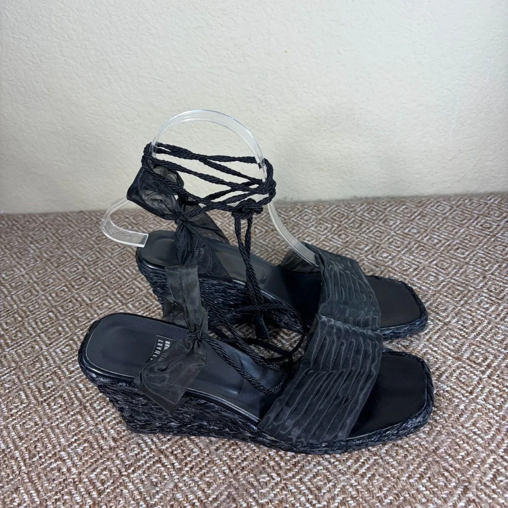 Stuart Weitzman Black Espadrille Wedge Ties Around Ankle Sandals Sz 7B Event